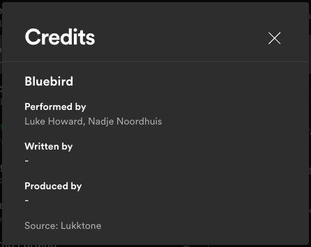 Screenshot of Spotify "Show Credits" dialog box. "Written by" is blank.